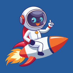 Adorable cartoon astronaut character riding a flying rocket ship and pointing up in the vast outer space