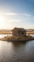 Obraz premium Dilapidated shack rests on a small island surrounded by water in a desert landscape during sunrise or sunset