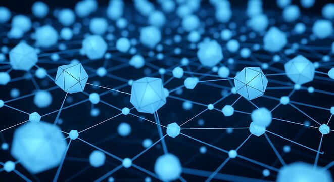 Abstract glowing blue geometric nodes connected by lines forming a digital network or data structure