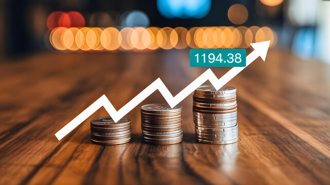 Business investment and finance concept showing stacked coins with a rising arrow and numerical data against a bokeh background