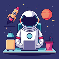 Cartoon astronaut character working on a laptop at a desk in space with a rocket and planet in background