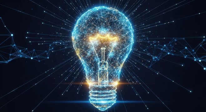 futuristic conceptual visualization of luminous bulb made from electronic signals and cyber connectors