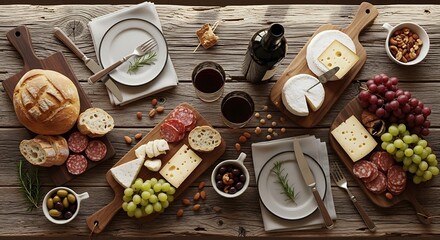 Abundant charcuterie board overflowing with cheeses meats fruits and breads on rustic wooden table