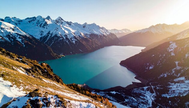 A breathtaking aerial view of a vibrant turquoise lake surrounded by majestic, snow-capped mountains bathed in the warm glow of sunrise.