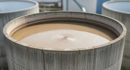 Industrial circular tank with rotating liquid in motion