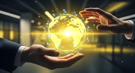 Dynamic hands connecting to glowing globe, global network expansion and innovative business solutions for worldwide connectivity and collaboration