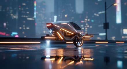 Futuristic personal aerial vehicle hovers above wet city pavement at night