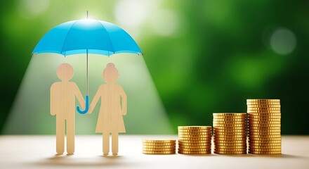 Financial security concept with wooden figures under umbrella protecting savings and investment, ensuring stability and growth in a secure environment