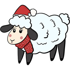 A cute fluffy  lamb wearing a Santa hat and a cozy red scarf with snowflake dots.