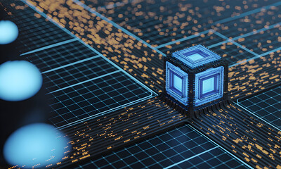 Explore innovative technology with a cube data center, showcasing a modern network grid
