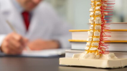 A medical model of a spinal column, a professional in blurred background and some books