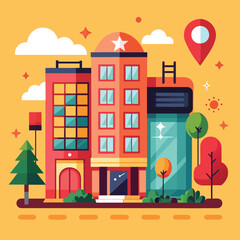 Modern city street with colorful buildings, trees, and a map pin icon under a bright sky
