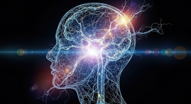 modern scifi concept illustrating wired human mind with bright neural pathways and electronic mapping