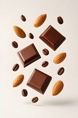 Levitating chocolate squares, almonds, and coffee beans on a clean background