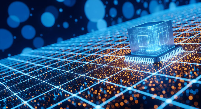 Explore cutting edge technology with quantum processor on glowing digital grid