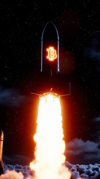 Rocket launch with bitcoin logo. Vertical rocket ascends into night sky. Bright flames and smoke create dynamic effect. Exciting atmosphere captures innovation and technology.