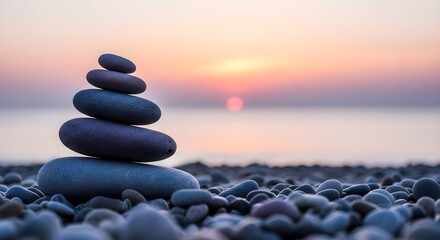 Stacked stones on beach at sunset for meditation
