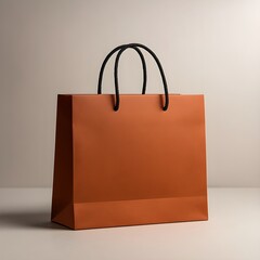 Minimalist orange retail shopping bag with black rope handles on a clean white studio