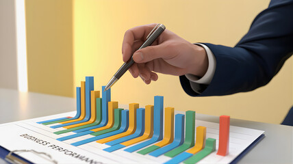 Financial graph analysis with hand holding pen over rising bar chart showing growth and profit