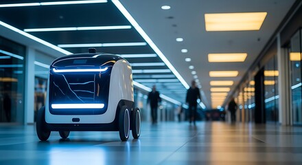 Autonomous delivery robot navigating a modern indoor space, showcasing innovation and the future of automated logistics in a commercial setting