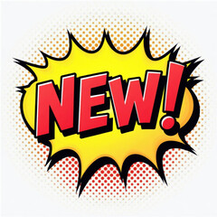 Fototapeta premium New! Comic speech bubble. Sale, promo, discount, arrival lettering element with sound effect of color phrase. on transparent background