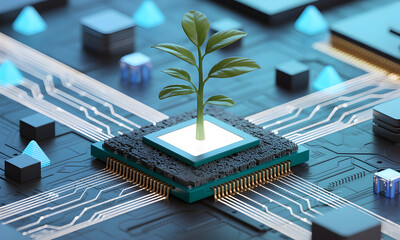 Sustainable technology rising beautiful plant on chip evokes eco friendly innovation