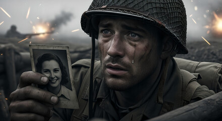Soldier holding photograph of smiling woman amid battlefield explosions. Emotional man in helmet clutching loved ones image during war. Military service, personal memory and wartime longing concept.