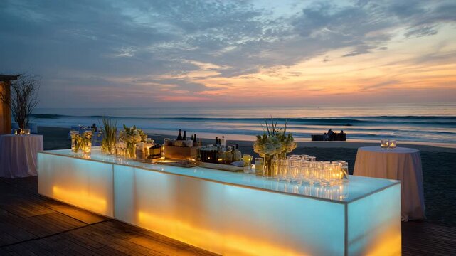 Illuminated bar on a beach at sunset elegant outdoor event setup perfect for destination weddings and upscale seaside celebrations