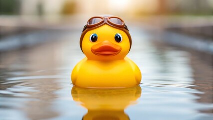 Rubber duck with pilot goggles floating in the water