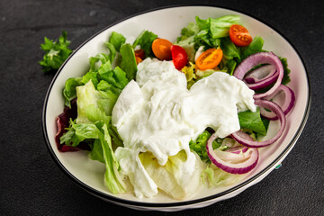 Burrata salad tomato, purple onion, green leaf lettuce tasty snack fresh gourmet food table setting rustic food top view copy space keto and paleo diet vegetarian food