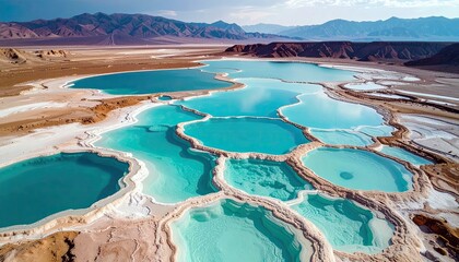 An aerial view of a desert landscape featuring a series of interconnected, brightly colored turquoise salt lakes with white mineral deposits.