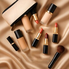 Luxury cosmetics flat lay featuring foundation, lipstick, and a makeup bag on gold silk