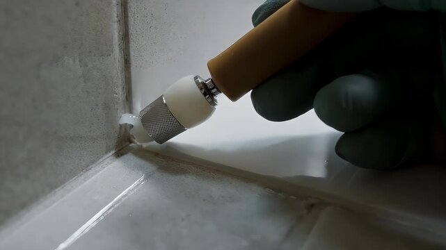 Close up of a persons hand applying sealant to a bathroom corner.