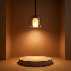 Elegant circular product podium stage illuminated by a warm pendant light in a minimalist background