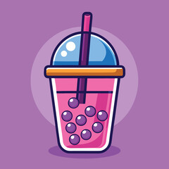 Refreshing pink bubble tea drink with tapioca pearls and a straw in a plastic cup, cartoon illustration