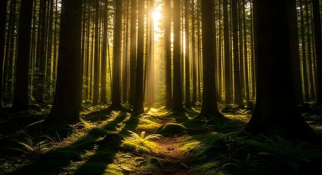 Sunlight through trees in a dark forest - Powered by Adobe