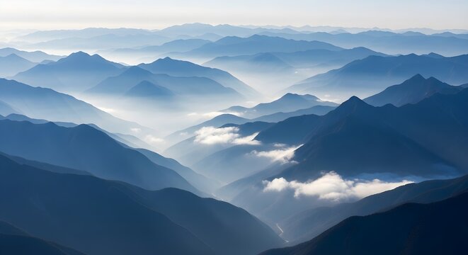 Aerial view of mountain range with foggy valley