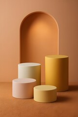 Minimalist background with cylindrical podiums and architectural arch in warm earthy