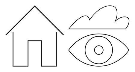 Simple outline drawing of a house, an eye, and a cloud. Ideal for security, surveillance, home monitoring, weather awareness, vision protection and modern interconnection. Simple flat metaphor