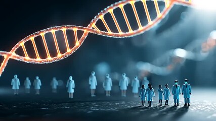 Scientists in lab coats examine a glowing DNA strand, highlighting advancements in genetic research - Powered by Adobe