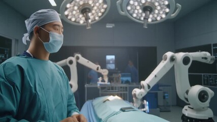 Surgeon Interacting with Advanced Robotic Surgical System in Modern Operating Room. - Powered by Adobe