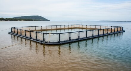 Fototapeta premium Aquaculture fish farm netting in calm lake with hills in background