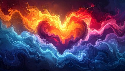 Heart shape formed with swirling smoke in warm reds and oranges on top of cool blues and purples, dreamy ethereal look