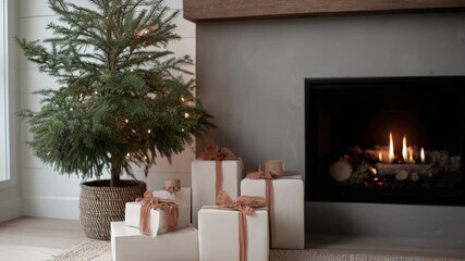 Christmas tree and wrapped gifts near a fireplace cozy holiday scene for seasonal celebrations and family gatherings