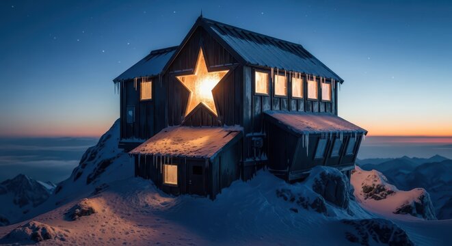 Isolated wooden shelter illuminates a snowy mountain peak during twilight