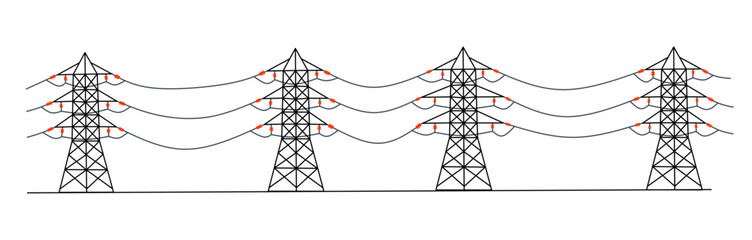 High voltage electric power transmission towers and lines vector illustration, providing electricity supply across landscapes. 