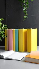 Colorful books, open notebook, and green vines backdrop