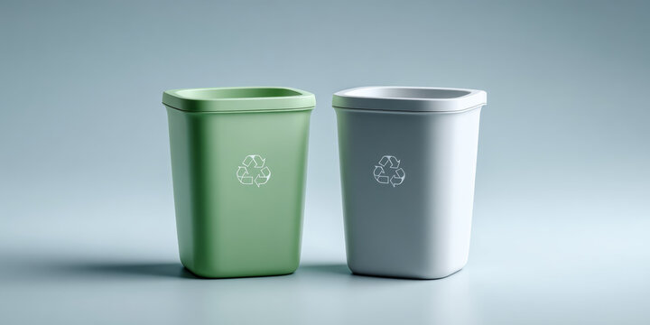 Two modern recycling bins in green and white with recycling symbols on a clean light blue background, minimalistic eco-friendly waste management concept