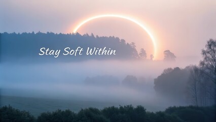A luminous circle fading into misty landscape with motivational quote