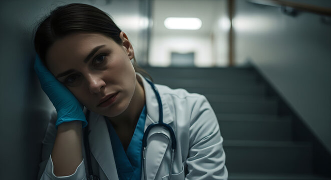 Woman doctor leaning head on gloved hand against hospital stairwell wall. Exhausted healthcare worker taking brief rest during shift. Concept of medical burnout fatigue stress in profession and